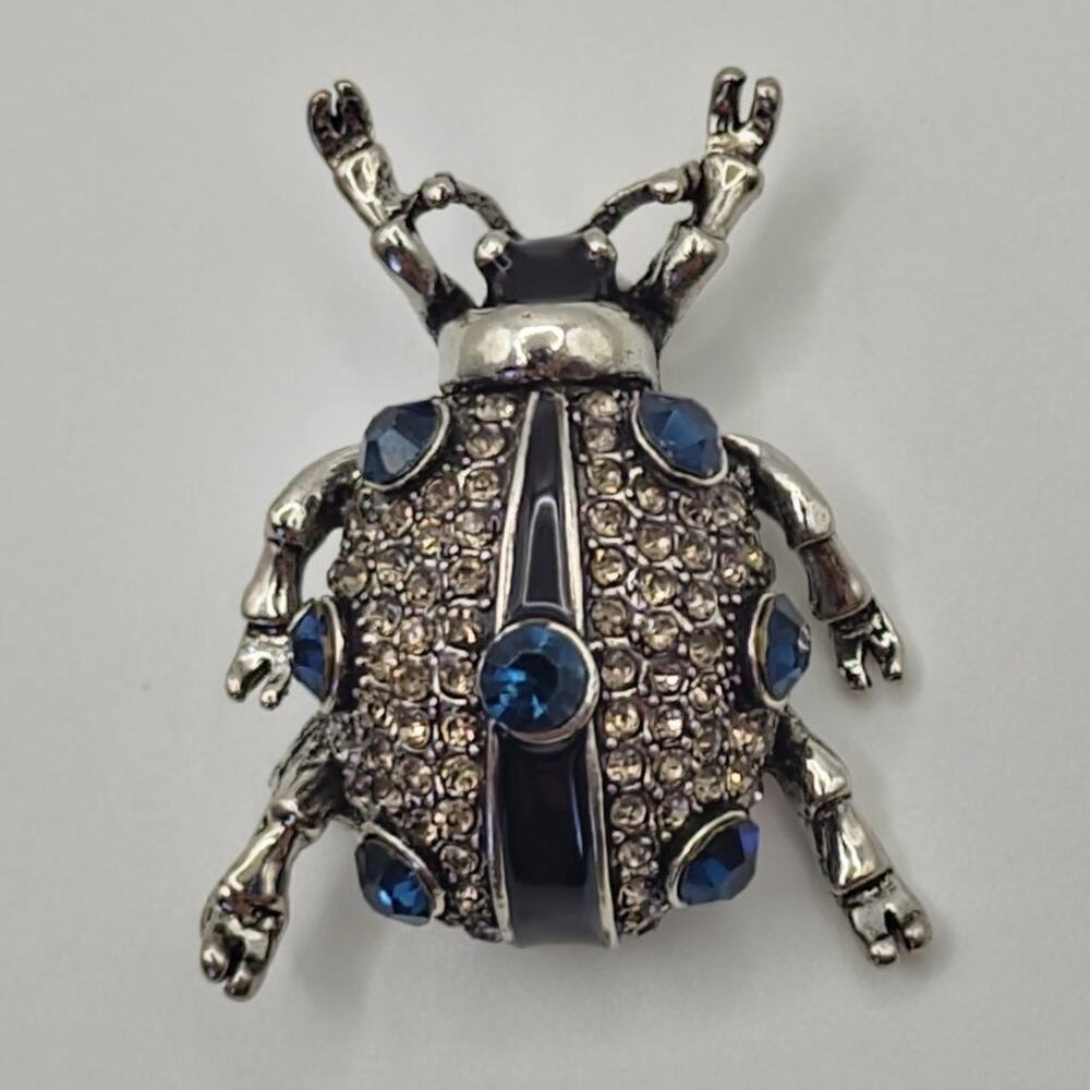 Beetle Brooch Silver Color & Blue Faux Jewels Rhinestones Bug Insect